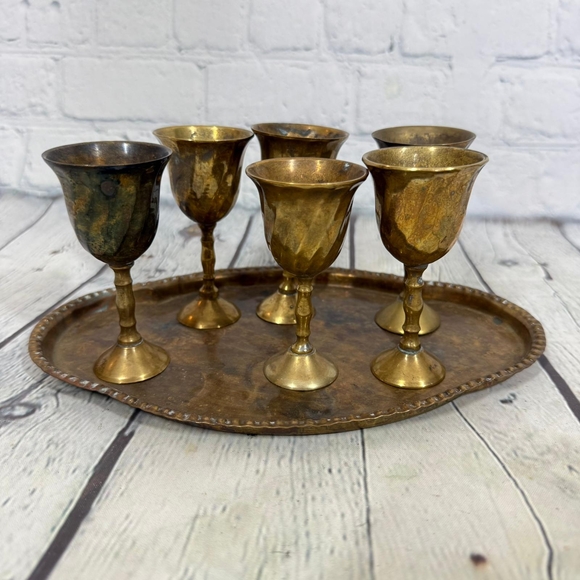 Vintage Brass Goblet Set with Tray - Picture 3 of 11